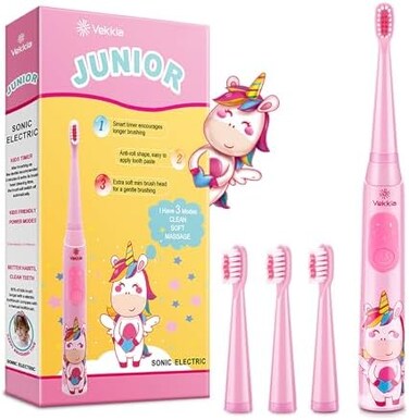Vekkia Sonic Rechargeable Kids Electric Toothbrush, 3 Modes with Memory, FunEasy Cleaning, 24000 Strokes, IPX7 Waterproof, 2-Min Timer for Age 5, 4 Soft Bristles(Pink