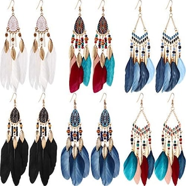 meekoo 6 Pairs Women Faux Feather Earrings Dream Catcher Earring Bohemian Fringe Tassel Long Drop Dangle Earrings Set with Design for Women
