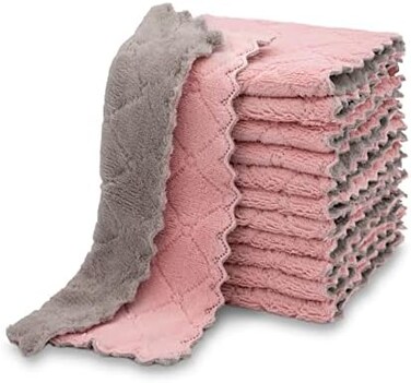 kimteny 12 Pack Kitchen Cloth Dish Towels, Premium Dishcloths, Super Absorbent Coral Velvet Dishtowels, Nonstick Oil Washable Fast Drying (Pink-Grey