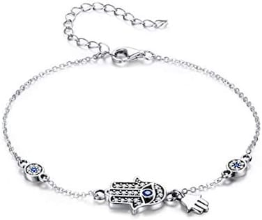 SLUYNZ 925 Sterling Silver Fatima Hamsa Hand Evil Eye Bracelet for Women Teen Girls Blue Round Eyes Bracelet, Silver, Cubic Zirconia