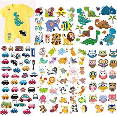 MWOOT (5 SheetsBaby Iron On Transfers Patches Set, Kids Appliques Assorted Car Dinosaur Animal Heat Transfer Stickers for T-Shirt Clothing Jeans Backpack Decorations DIY