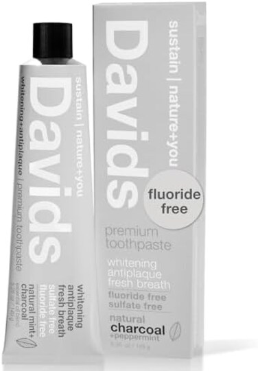 Davids Natural Charcoal Toothpaste, Peppermint, Whitening, Antiplaque, Fluoride Free, SLS Free, 160ml, Metal Tube, Tube Roller Included