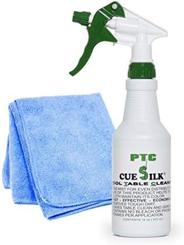 عبوة منظف طاولة البلياردو Cue Silk PTC سعة 470 مل مع قطعة قماش من الألياف الدقيقة