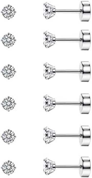 CASSIECA 20G Cartilage Earring Stud for Women Men 316L Surgical Steel Flat Back Earrings Set, 2-6mm Round CZ Screw Back Stud Earrings for Cartilage Tragus Helix Piercing Jewelry