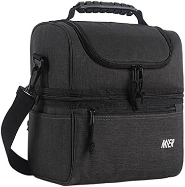 MIER 2 Compartment Lunch Bag for Men Women, Leakproof Insulated Cooler Bag for Work, Dark Grey, Medium