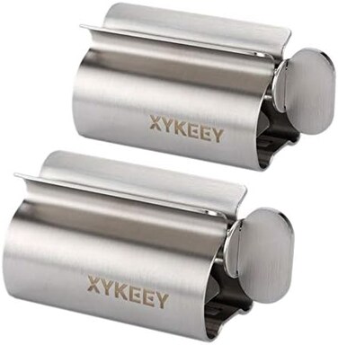 عصارة معجون الأسنان من XYKEEY - طقم من قطعتين من بكرات عصر معجون الأسنان، حامل معدني لعصارة أنبوب معجون الأسنان (ستانلس ستيل)