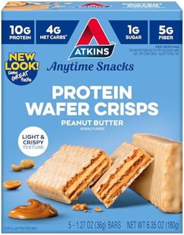 Atkins Snack Wafer, Peanut Butter Flavor, 5 Pack (36g Per Bar- Low Carb, Keto Friendly, High Protein Snack