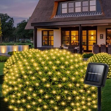 echosari Net Lights Solar Powered, 100 LED 5Ft x 5Ft Bush Net Light Outdoor Mesh Lights Auto On/Off 8 Modes for Tree Fence Backyard Bush Decor (Warm White