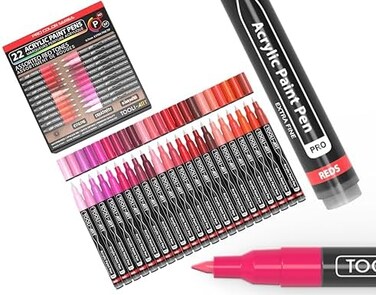 TOOLI-ART Acrylic Paint Pens 22 Assorted Red And Pink Pro Color Series Specialty Markers Set 0.7mm Extra Fine Tip for Rock Painting, Glass, Mugs, Wood, Metal, Canvas, DIY Projects, Detailing.