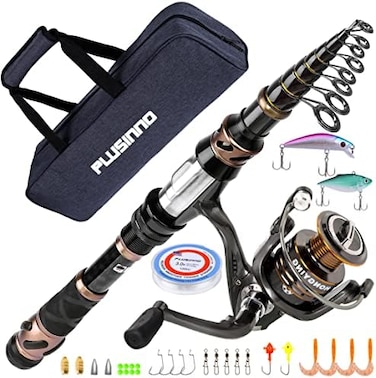 PLUSINNO Fishing Rod and Reel Combos, Toray 24-Ton Carbon Matrix Telescopic Fishing Rod, 121 Shielded Bearings Stainless Steel BB Spinning Reel