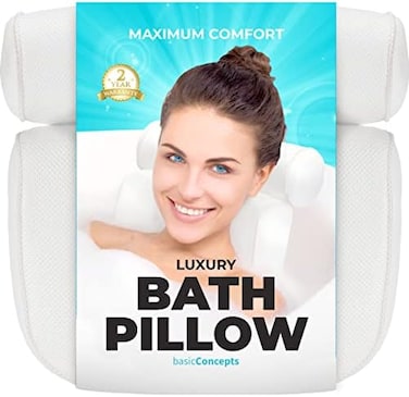 BASIC CONCEPTS Bath Pillow (Extra Comfort, Relaxing Bath Pillows for Tub Neck and Back Support, Luxury Bathtub Pillow Headrest Cushion, Bath Tub Pillow Neck Head, Bath Accessories Women, Jacuzzi Hot T