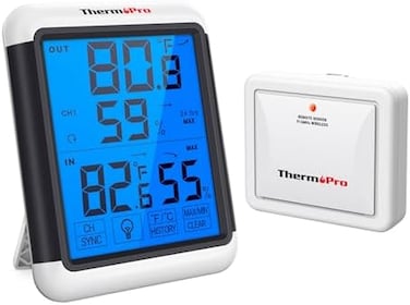 ThermoPro TP65 Digital Wireless Hygrometer Indoor Outdoor Thermometer Wireless Temperature and Humidity Monitor with Jumbo Touchscreen and Backlight Humidity Gauge, 200ft/60m Range
