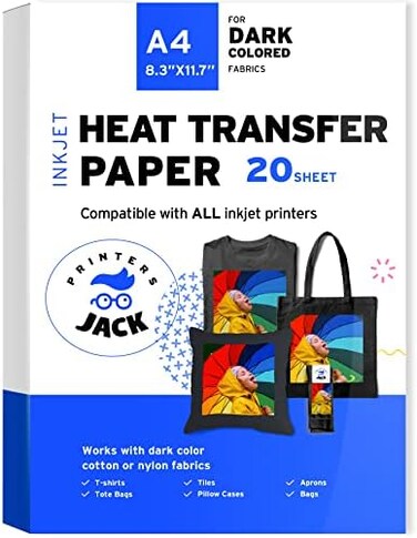 Printers Jack Iron-On Heat Transfer Paper for Dark Fabric 8.5x11" T-Shirt Transfer Paper for Inkjet Wash Durable, Long Lasting Transfer, No Cracking 20 Sheets white Dark Color 20 Sheets