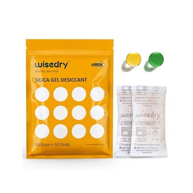 wisedry 50 Gram [10 Packs] Silica Gel Desiccant Sachets Microwave Fast Reactivate Desiccant Bags with Indicating Beads for Closet Gun Safes Bathroom Food Grade
