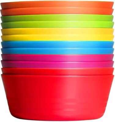 PLASKIDY Kids Plastic Bowls Set of 12 Children Bowl 10 Ounce Microwave Dishwasher Safe BPA Free Non Toxic Toddler Bowls 6 Bright Colors for Cereal, Soup, Snack Great Plastic Bowls for KidsToddlers