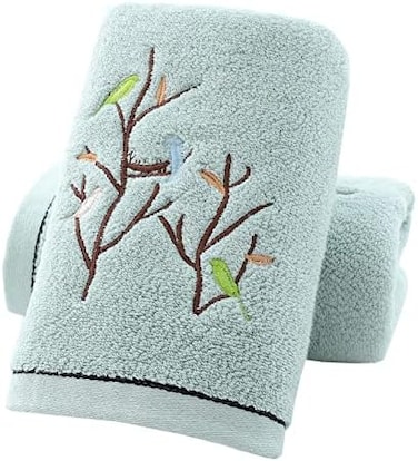 Pidada Hand Towels Set of 2 Embroidered Bird Tree Pattern 100% Cotton Absorbent Soft Small Decorative Towel for Bathroom 13.8 x 29.5 Inch (Aqua Green