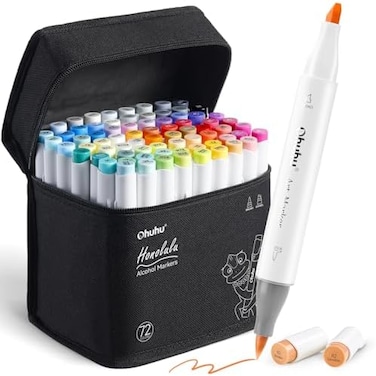 Ohuhu Alcohol Markers Brush Tip - Double Tipped Art Marker Set for Artist Illustration - 72 Colors - ChiselBrush Dual Tips - Honolulu - Refillable