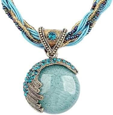 Harlorki Women Lady Retro Vintage Bohemian Style Twist Woven Rope Chain Turquoise Rhinestone Pendant Collar Necklace Fashion Jewelry, Medium, Rhinestone, No Gemstone