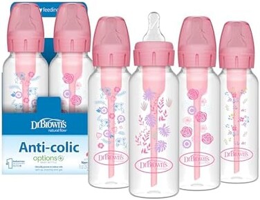 Dr. Brown's Natural Flow Anti-Colic OptionsNarrow Baby Bottles 8 oz/250 mL, with Level 1 Slow Flow, 4 Pack, Pink Floral, 0m