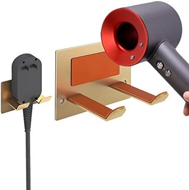 XIGOO Adhesive Hair Dryer Holder - Stick on Wall or Wall Mount Bathroom Hair Blow Dryer Rack Organizer Compatible with Dyson Supersonic Hair Dryers (Gold