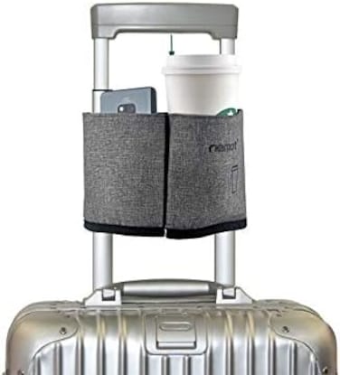 riemot Luggage Travel Cup Holder Free Hand Drink Carrier - Hold Two Coffee Mugs - Fits Roll on Suitcase Handles - Gifts for Flight Attendants Travelers Accessories Grey, 1. HookLoop: Grey, Luggage