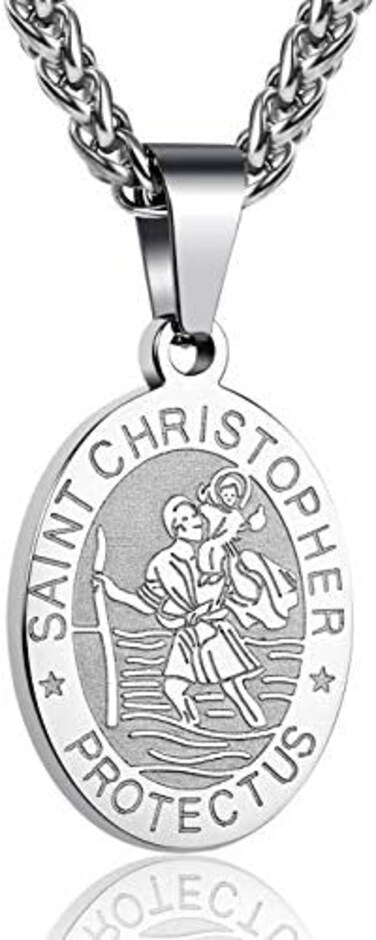 P. BLAKE Oval Saint Christopher/Michael/Joseph/Jude/Virgin Mary/Joseph/Francis/Patrick/Anthony/Benedict/Thomas Necklace for Men Women, Stainless Steel Catholic Patron Pendant with Chain 24 Inches