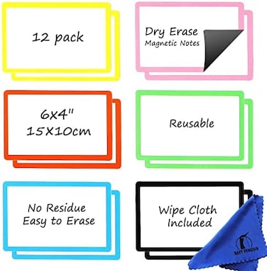 Navy Penguin Dry Erase Magnets Set - 12 Pack - 6x4" Whiteboard Magnetic Planning Pads Labels - Small White Board Magnet Strips Name Tags for Home, Office and Classroom