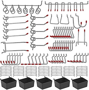 NAVSEEK Assortment with Metal Hooks Sets, Pegboard Bins, Peg Locks for Organizing Storage System Tools,114 Pieces