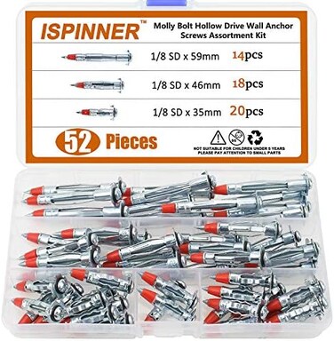 ISPINNER 52pcs Zinc Plated Steel Long Hollow Wall Drive Anchor Screws Assortment Kit for Drywall (35mm 46mm 59mm