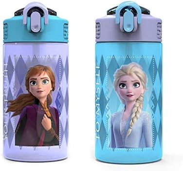 Zak Designs Disney Frozen 2 Kids Water Bottle Set with Reusable Straws and Built in Carrying Loops, Made of Plastic, Leak-Proof Water Bottle Designs (ElsaAnna, 16 oz, BPA-Free, 2pc Set