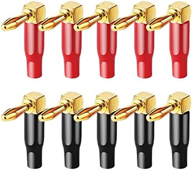 HRLORKC 10pcs Right Angle Speaker Plugs 4mm/0.16" 90 Degree Speaker Connector Right Angle Banana Plugs for Speaker Wire (Red and Black