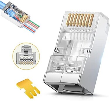 موصلات JODROAD RJ45 Cat6 Cat 6A المحمية - موصل تمرير مطلي بالذهب ثلاثي الأطراف 8P8C، مقابس معيارية لكابلات إيثرنت مجدولة FTP/STP، سلك صلب - 50 قطعة/عبوة