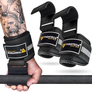 خطافات رفع الأثقال الممتازة من FIGHTECH (زوج - مقابض يد شديدة التحمل وأحزمة معصم داعمة - مبطنة بالنيوبرين 9 مم لتمارين الرفعة المميتة، والسحب لأعلى، ورفع الأكتاف - ملحقات رياضية متينة للرجال والنساء)