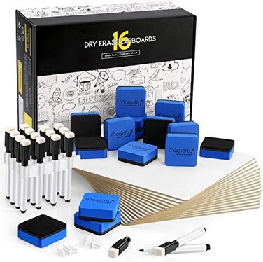 Magicfly Double-Sided Small White Board for Classroom, 9 x 12 Inches Dry Erase Lap Boards, Bulk Pack of 16 Mini White Board for Student, Teachers, Office, with 16 Pens, 16 Erasers16 Pen Clips