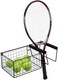 MyGift Hanging Metal Tennis Racquet and Tennis Ball Storage Basket Rack, Wall Mounted Racket Holder