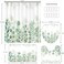 DDQQ Green Leaves Shower Curtain Sets with Non-Slip Rug, Toilet Lid Cover and Bath Mat, Plant Leaves Shower Curtain Sets with 12 Hooks, Durable Waterproof Shower Curtain for Bathroom Set Decor