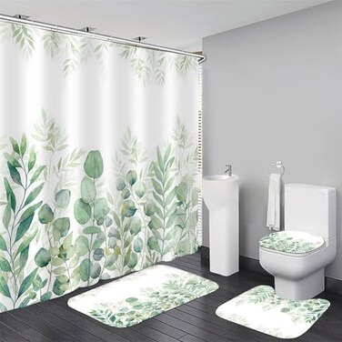 DDQQ Green Leaves Shower Curtain Sets with Non-Slip Rug, Toilet Lid Cover and Bath Mat, Plant Leaves Shower Curtain Sets with 12 Hooks, Durable Waterproof Shower Curtain for Bathroom Set Decor