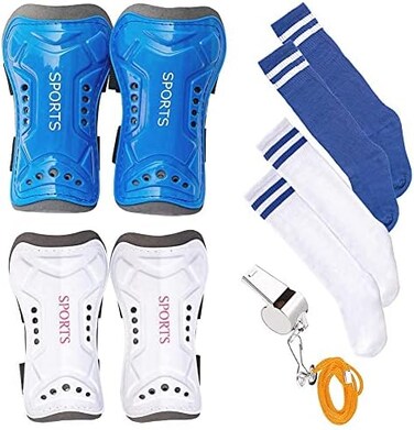 Wrzbest 2 Pair Kids Soccer Football Shin Guards Protector Calf Knee Protective Gear and 2 Pair Long Sleeve Socks with Professional Referee Whistle for Teenagers,Boys,Girls,Kid,Youth (Age 5 to 13