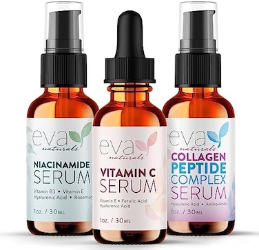 Eva Naturals Natural FirmGlow Skincare Set of 3 Serums &ndash; Skin Care Products With 20% Vitamin C Serum, Peptide Complex Serum, Niacinamide Vitamin B3 Serum - Peptides Serum for Face - Face Serum by