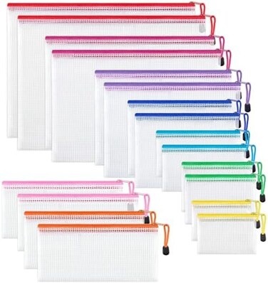 JARLINK 18 Pack 8 Sizes Zipper Mesh Pouch, Waterproof Zipper File Bags Document Pouch Multipurpose Travel Bags for Office Supplies Cosmetics Travel Accessories