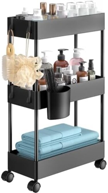 Pipishell PIUC04 Slim Storage Cart with Wheels, Black ABS Material, 3 Shelf Utility Cart for Bathroom, Laundry, Kitchen, Narrow Spaces