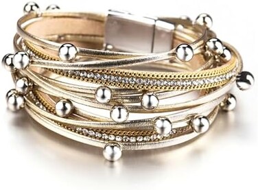 Fesciory Leather Wrap Bracelets for Women, Boho Leopard Multi-Layer Crystal Beads Cuff Bracelet Jewelry