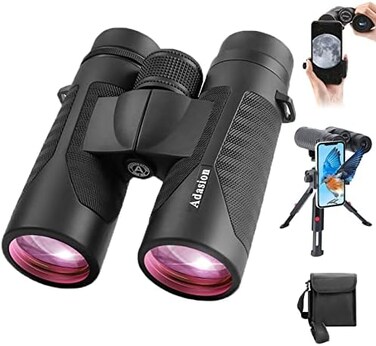 Adasion 12x42 Binoculars for Adults with New Smartphone Photograph Adapter - 18mm Large View Eyepiece - 16.5mm Super Bright BAK4 Prism FMC Lens - Binoculars for Birds Watching Hunting - Waterproof (1.