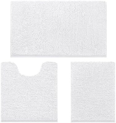 HOMEIDEAS 3 Pieces Bathroom Rugs, Ultra Soft Non Slip Absorbent Chenille Toilet Bath Mat Set (White