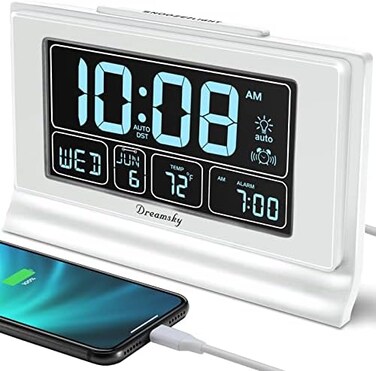 ساعة منبه رقمية DreamSky مزودة ببطارية احتياطية لغرفة النوم، ضبط تلقائي للساعة مع منافذ شحن USB، شاشة كبيرة 5 بوصة تعرض التاريخ ودرجة الحرارة خلال أيام الأسبوع، توقيت صيفي تلقائي، خاصية التحكم في سطوع