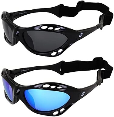 Birdz Eyewear Seahawk Polarized Sunglasses Jet Ski Goggles Sport Kite-Boarding, Surfing, Kayaking 2 Pairs Black Frames with SmokeBlue Lenses