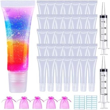 AMORIX 50PCS Lip Gloss Tubes 10ml Empty Lip Balm Containers Refillable Lipgloss Squeeze Tubes with 2 x 20ml Syringes 5pcs Organza BagsTag Labels Stickers for DIY Cosmetic
