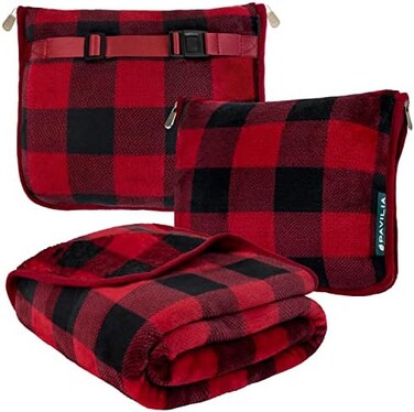 PAVILIA Travel Blanket with Soft Bag Pillow Case, Compact Blanket for Airplane, Road Trip, CampingLarge Portable Fleece Blanket for Plane Car Bus Train with Hand Luggage Strap 60x43 (Checker Red