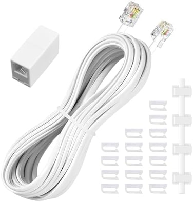 moeverEX Phone extension Cord 25 Ft, Telephone Cable with Standard RJ11 Plug and 1 in-Line Couplers and 20 Cable Clip Holders, White