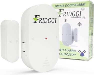 FRIDGGI Freezer Door Alarm with 60 Second Delay, 2, 3, and 4 Minute Reminders, Refrigerator and Fridge Door Alarm or Chime, Low/Loud 80 to 110 dB (White